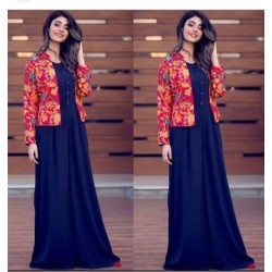 Blue And Red Taffeta Silk Stich Evening Gown with Jacket